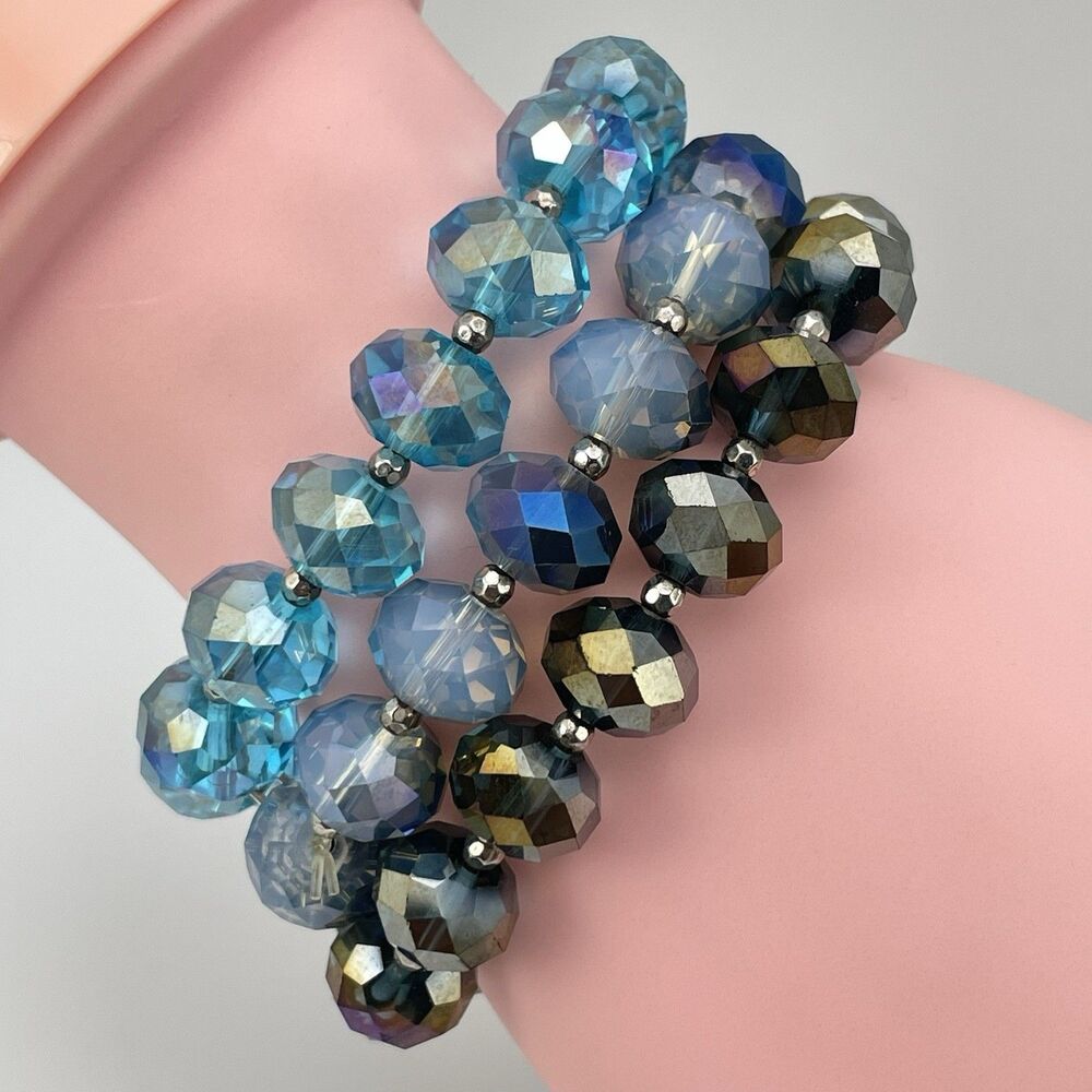 Triple Layer Blue AB Glass Beaded Stretch Bracelet Artisan Chunky Boho Classic